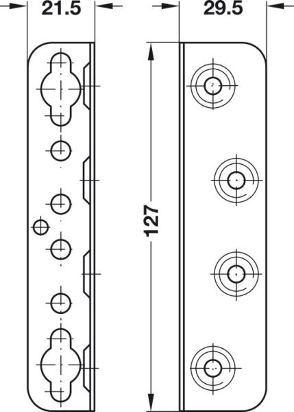 Bettverbinder, mit Schlüssellochstanzung und Sicherungslöchern mit Hakenteil, Höhe: 127 mm